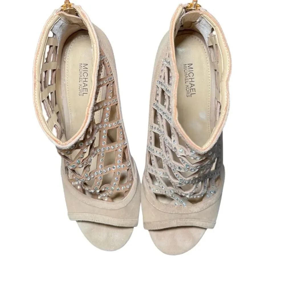 MICHAEL Michael Kors Yvonne Open-Toe Booties Khaki Suede Size 7M